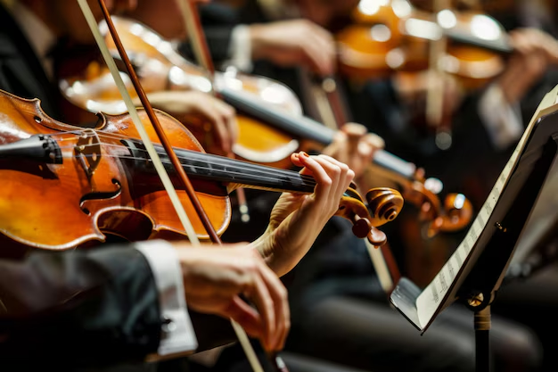 Violinists performing during an orchestral concert with the Fort Myers Philharmonic in Southwest Florida