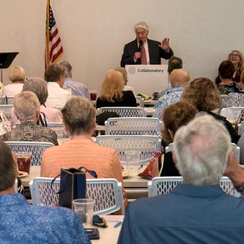 Attendees gathered at the Fort Myers Philharmonic Society kickoff event during a presentation at the Collaboratory in Fort Myers, Florida.