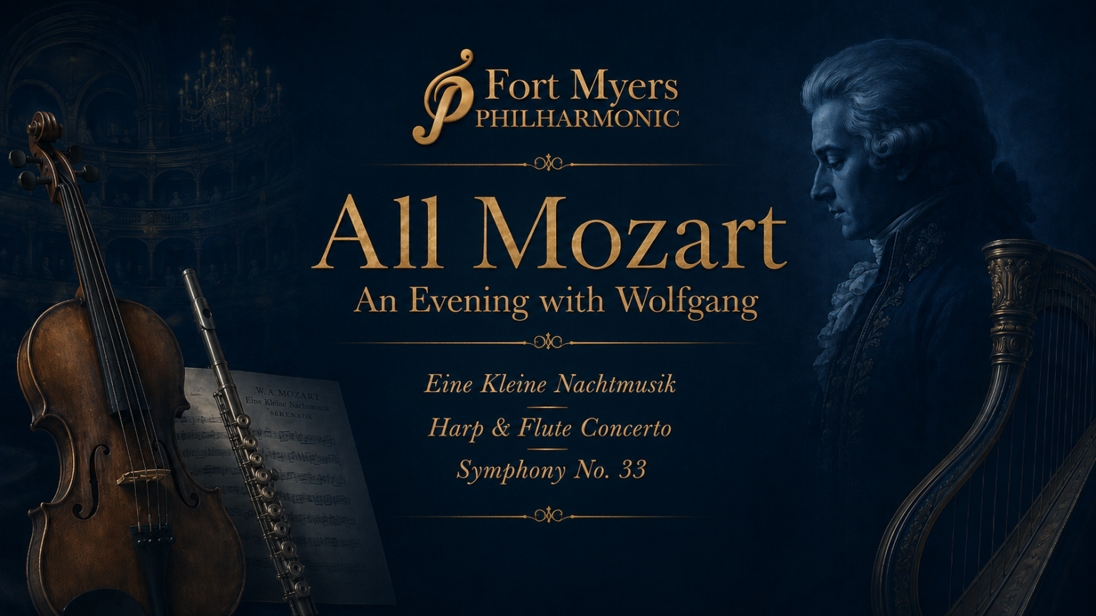 An Evening with Wolfgang Mozart concert artwork for the Fort Myers Philharmonic