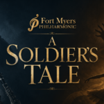 Fort Myers Philharmonic presents A Soldier's Tale featuring dramatic artwork of a soldier, the devil, a dancer, and chamber musicians.