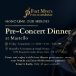 Elegant pre-concert dinner table with a violin for the Fort Myers Philharmonic event at Mastello
