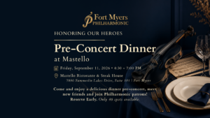Elegant pre-concert dinner table with a violin for the Fort Myers Philharmonic event at Mastello