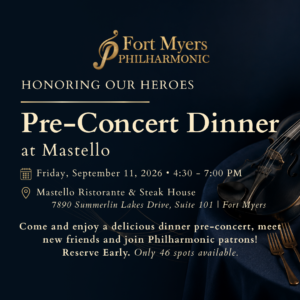 Elegant pre-concert dinner table with a violin for the Fort Myers Philharmonic event at Mastello