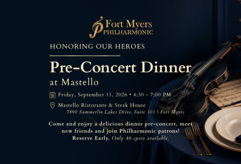 Elegant pre-concert dinner table with a violin for the Fort Myers Philharmonic event at Mastello